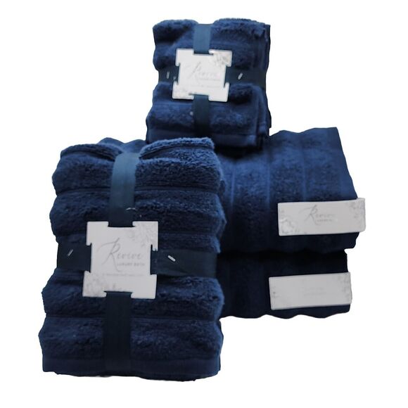 Revive Luxury Bath 10pc Blue Cotton Towel Set Zero Twist 2Bath 2Hand 6Washcloths - Picture 1 of 13